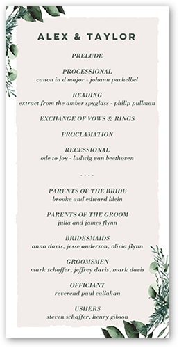 Rehearsal Bough Wedding Program, White, 4x8 Flat Program, Matte, Signature Smooth Cardstock, Square, White