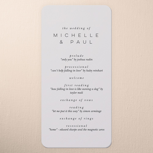 Big Letters Wedding Program, Grey, 4x8 Flat Program, Pearl Shimmer Cardstock, Rounded