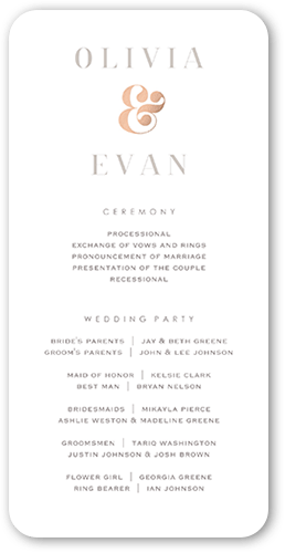 Alluring Ampersand Wedding Program, Pink, 4x8 Flat Program, 100% Recycled Cardstock , Rounded