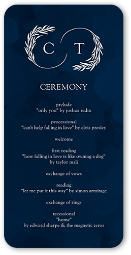 Reflective Rings Wedding Program, Blue, 4x8 Flat Program, 100% Recycled Cardstock , Rounded, Navy