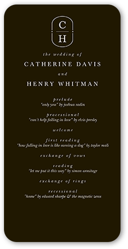 Polished Monogram Wedding Program, Black, 4x8 Flat Program, Pearl Shimmer Cardstock, Rounded, Coal