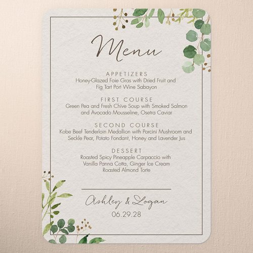 Botanical Union Wedding Menu, Beige, 5x7 Flat Menu, 100% Recycled Cardstock , Rounded