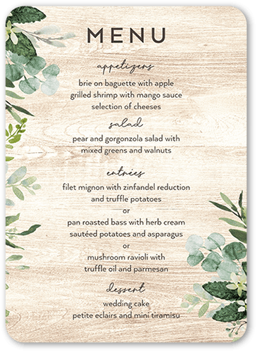 Naturally Green Wedding Menu, White, 5x7 Flat Menu, 100% Recycled Cardstock , Rounded
