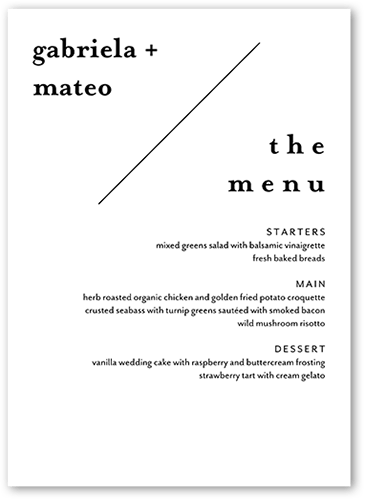 Modern Stylings Wedding Menu, White, 5x7 Flat Menu, 100% Recycled Cardstock , Square