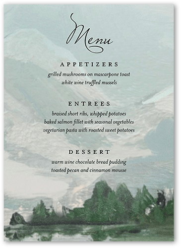 Mountain Lake Wedding Menu, White, 5x7 Flat Menu, 100% Recycled Cardstock , Square
