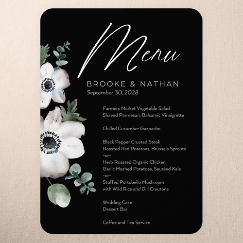 Minimal Anemone Wedding Menu, Black, 5x7 Flat Menu, Standard Smooth Cardstock, Rounded