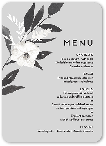Evening Flower Wedding Menu, Grey, 5x7 Flat Menu, Matte, Signature Smooth Cardstock, Rounded