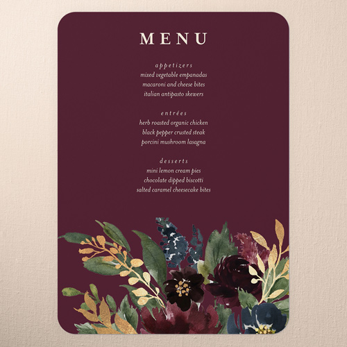 Bouquet Garland Wedding Menu, Purple, 5x7 Flat Menu, Matte, Signature Smooth Cardstock, Rounded