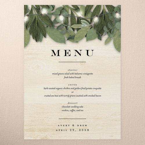 Lit Foliage Wedding Menu, Beige, 5x7 Flat Menu, Pearl Shimmer Cardstock, Square