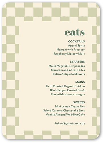 Checkerboard Chapel Wedding Menu, Green, 5x7 Flat Menu, Pearl Shimmer Cardstock, Rounded, Sage