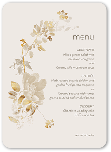 Golden Grace Wedding Menu, Gray, 5x7 Flat Menu, Pearl Shimmer Cardstock, Rounded