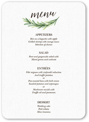 Arched Greenery Wedding Menu, White, 5x7 Flat Menu, Pearl Shimmer Cardstock, Rounded, White