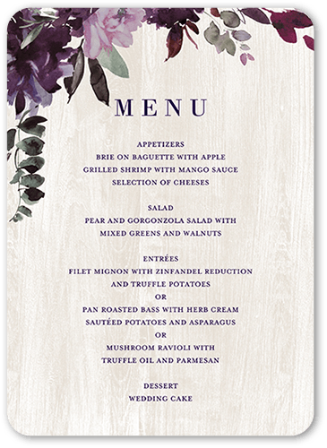 Muted Florals Wedding Menu, Purple, 5x7 Flat Menu, Pearl Shimmer Cardstock, Rounded, Blackberry Jam