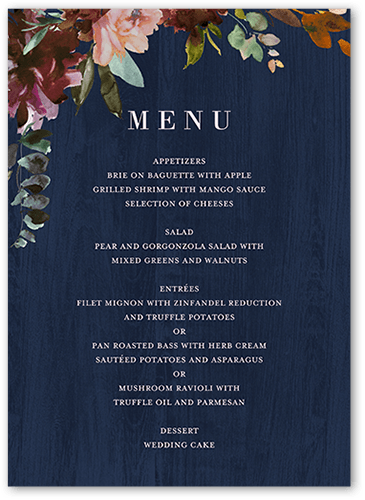 Muted Florals Wedding Menu, Blue, 5x7 Flat Menu, Standard Smooth Cardstock, Square, Navy