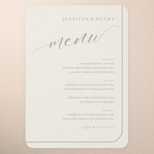 Classic Beauty Wedding Menu, Beige, 5x7 Flat Menu, 100% Recycled Cardstock , Rounded, Antique White