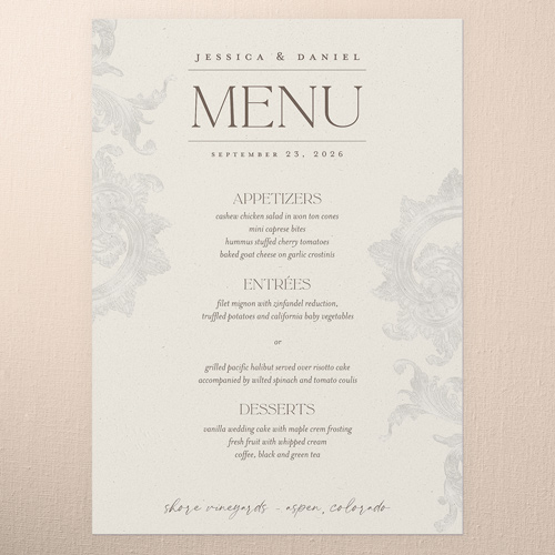 Touch Of Elegance Wedding Menu, Beige, 5x7 Flat Menu, Luxe Double-Thick Cardstock, Square