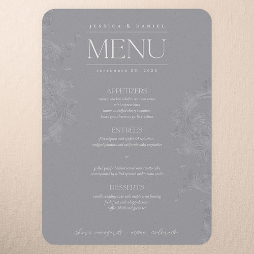 Touch Of Elegance Wedding Menu, Gray, 5x7 Flat Menu, Pearl Shimmer Cardstock, Rounded