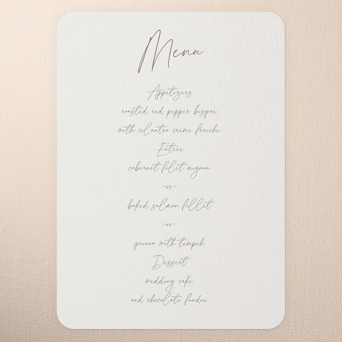 All Script Wedding Menu, White, 5x7 Flat Menu, Write Your Own Greeting, Pearl Shimmer Cardstock, Rounded, Almond