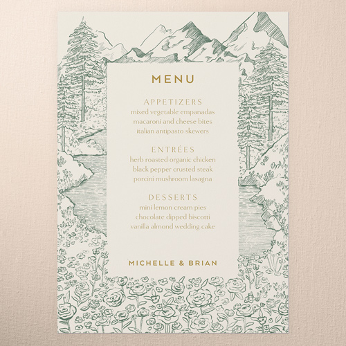 Alpine Affection Wedding Menu, Green, 5x7 Flat Menu, Write Your Own Greeting, Standard Smooth Cardstock, Square