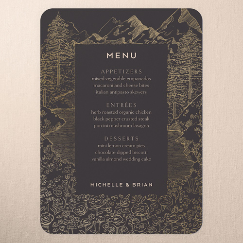Alpine Affection Wedding Menu, Gray, 5x7 Flat Menu, Write Your Own Greeting, Pearl Shimmer Cardstock, Rounded