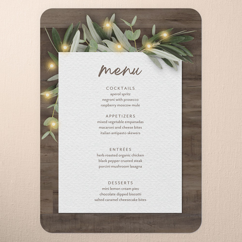 Laurel Accent Wedding Menu, Brown, 5x7 Flat Menu, Write Your Own Greeting, Pearl Shimmer Cardstock, Rounded