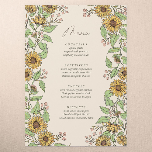 Sunflower Scenery Wedding Menu, Beige, 5x7 Flat Menu, Write Your Own Greeting, 100% Recycled Cardstock , Square