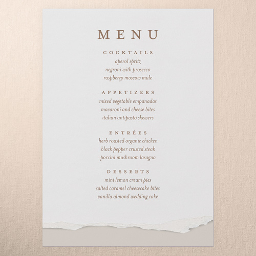 Torn Edge Wedding Menu, Beige, 5x7 Flat Menu, Write Your Own Greeting, Pearl Shimmer Cardstock, Square