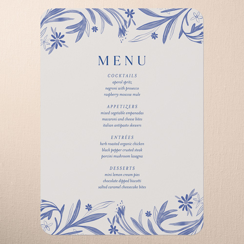 Floral Whimsy Wedding Menu, Blue, 5x7 Flat Menu, Standard Smooth Cardstock, Rounded
