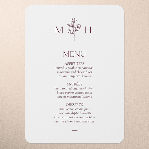 Editable Icon Wedding Menu, Purple, 5x7 Flat Menu, Write Your Own Greeting, Pearl Shimmer Cardstock, Rounded, Merlot