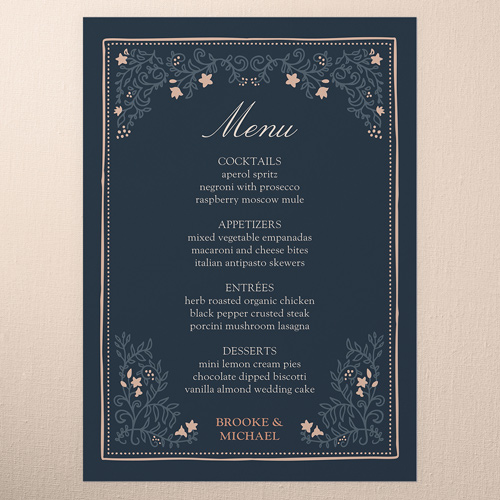 Botanical Trim Wedding Menu, Blue, 5x7 Flat Menu, 100% Recycled Cardstock , Square, Navy