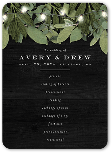 Lit Foliage Wedding Program, Black, 5x7 Flat Program, Standard Smooth Cardstock, Rounded, Black