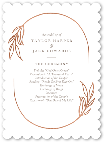 Ornate Oval Wedding Program, Pink, 5x7 Flat Program, Pearl Shimmer Cardstock, Scallop