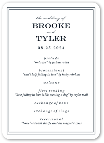 Classic Simple Script Wedding Program, White, 5x7 Flat Program, Pearl Shimmer Cardstock, Rounded, White