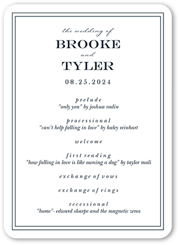 Classic Simple Script Wedding Program, White, 5x7 Flat Program, Standard Smooth Cardstock, Rounded