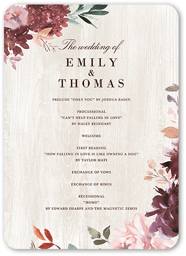 Muted Florals Wedding Program, Red, 5x7 Flat Program, Pearl Shimmer Cardstock, Rounded, Cabernet