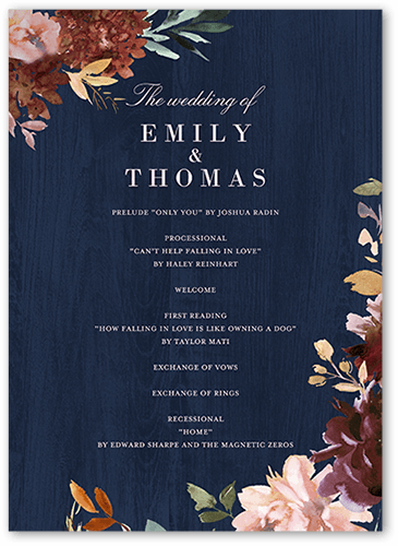 Muted Florals Wedding Program, Blue, 5x7 Flat Program, Luxe Double-Thick Cardstock, Square