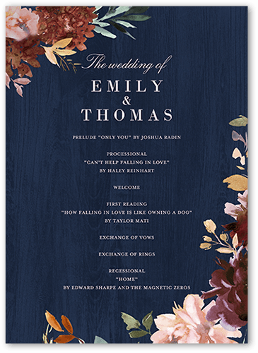 Muted Florals Wedding Program, Blue, 5x7 Flat Program, Pearl Shimmer Cardstock, Square, Navy