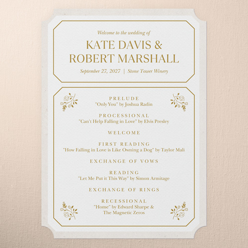 Eloquently Enclosed Wedding Program, White, 5x7 Flat Program, Pearl Shimmer Cardstock, Ticket