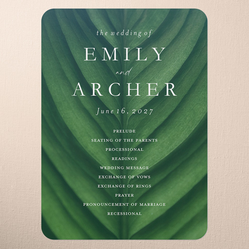 Leafy Lush Wedding Program, Green, 5x7 Flat Program, 100% Recycled Cardstock , Rounded, Dark Green