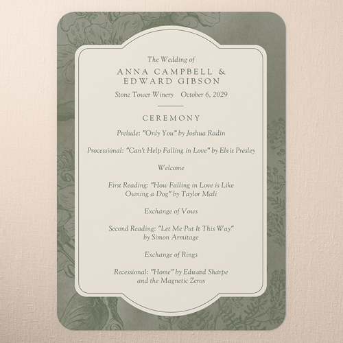 Antique Florals Wedding Program, Green, 5x7 Flat Program, Pearl Shimmer Cardstock, Rounded, Bark