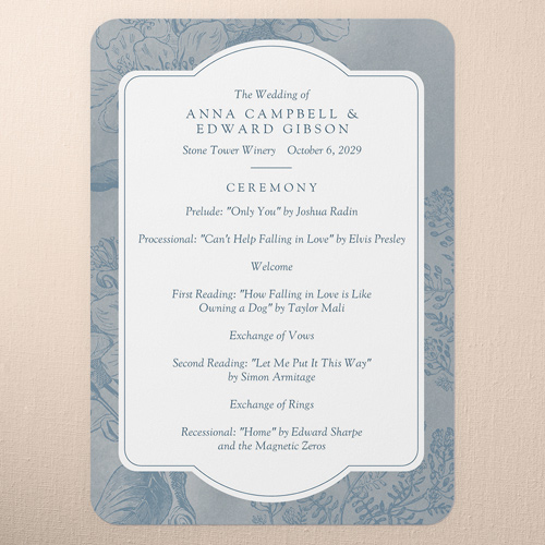Antique Florals Wedding Program, Blue, 5x7 Flat Program, Pearl Shimmer Cardstock, Rounded, Silver Lake