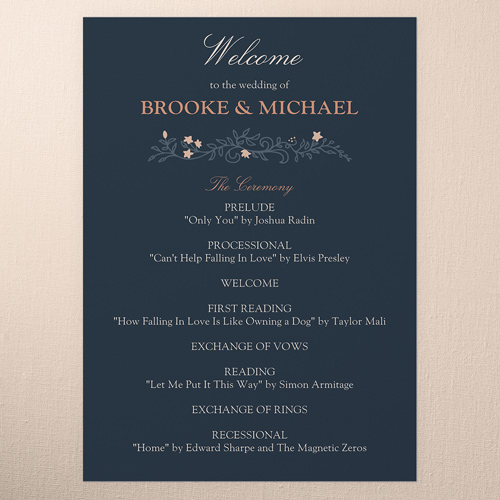 Botanical Trim Wedding Program, Blue, 5x7 Flat Program, 100% Recycled Cardstock , Square, Navy