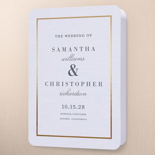 Simple Solid Frame Wedding Program, White, 5x7, Pearl Shimmer Cardstock, Rounded