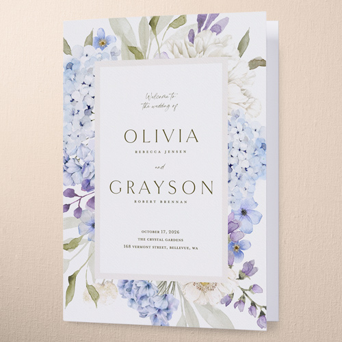 Hydrangea Highlight Wedding Program, Blue, 5x7, Matte, Folded Smooth Cardstock, Square