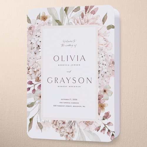 Hydrangea Highlight Wedding Program, Pink, 5x7, Pearl Shimmer Cardstock, Rounded