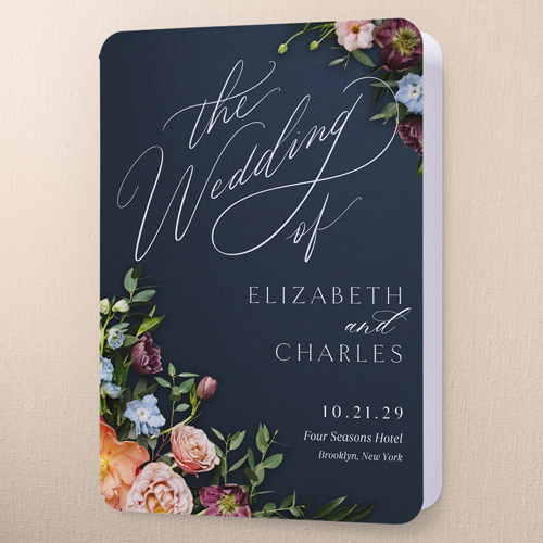 Stunning Floral Corners Wedding Program, Blue, 5x7, Matte, Folded Smooth Cardstock, Rounded, Navy