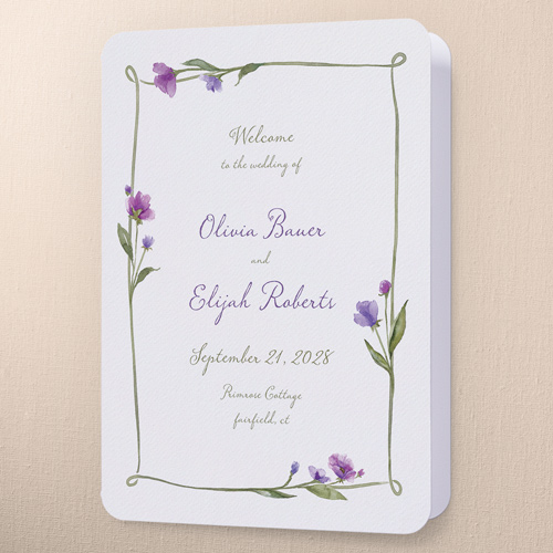 Watercolor Wildflowers Wedding Program, Purple, 5x7, Pearl Shimmer Cardstock, Rounded, Baroque