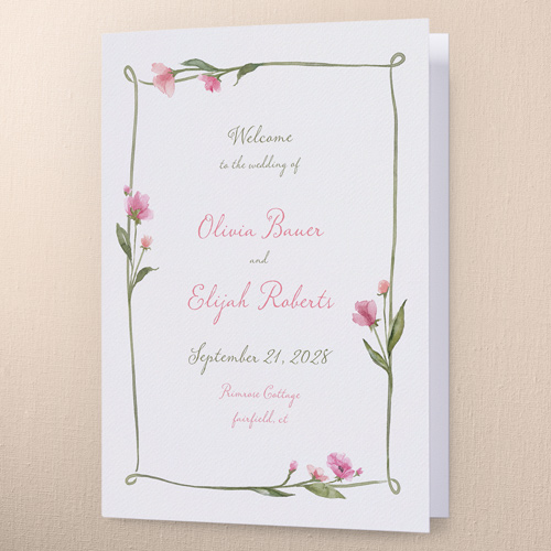 Watercolor Wildflowers Wedding Program, Pink, 5x7, Matte, Folded Smooth Cardstock, Square, Honeysuckle