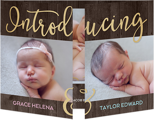 Twin Introduction Birth Announcement, Brown, Gate Fold, Matte, Folded Smooth Cardstock, Square