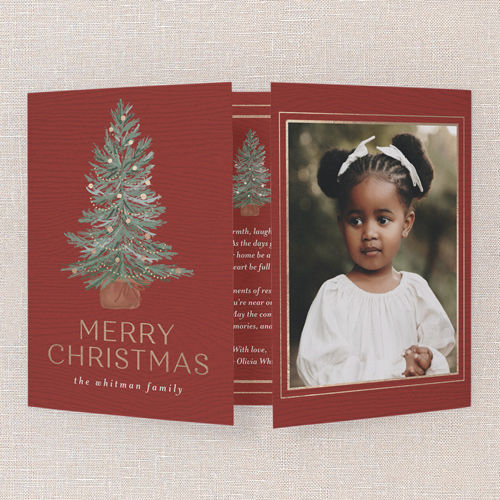 Golden Edge Holiday Card, Red, Gate Fold, Christmas, Matte, Folded Smooth Cardstock, Square, Radish